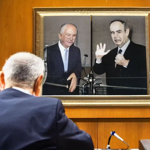 Image similar to photo of yitzhak rabin pointing at benjamin netanyahu on the background of the knesset, 5 0 mm, beautiful photo