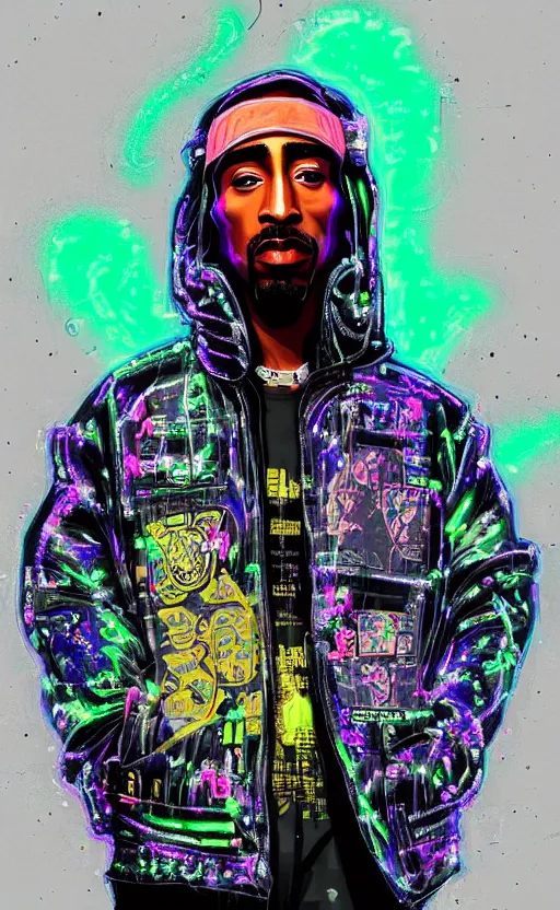 Image similar to detailed Tupac Shakur portrait Neon Operator, cyberpunk futuristic neon, reflective puffy coat, decorated with traditional Japanese ornaments by Ismail inceoglu dragan bibin hans thoma !dream detailed portrait Neon Operator Girl, cyberpunk futuristic neon, reflective puffy coat, decorated with traditional Japanese ornaments by Ismail inceoglu dragan bibin hans thoma greg rutkowski Alexandros Pyromallis Nekro Rene Maritte Illustrated, Perfect face, fine details, realistic shaded, fine-face, pretty face