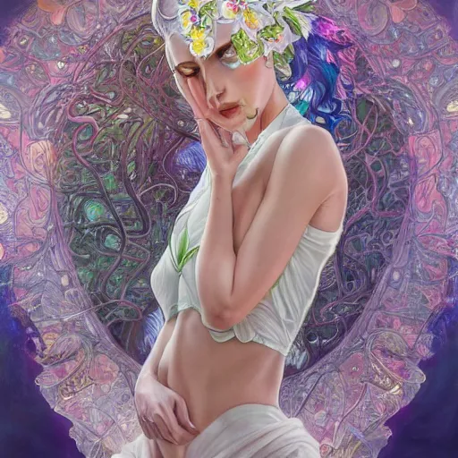 Image similar to a photograpic portrait of a anthropomorphic orchid wearing white clothes, iridescent colors, fantasy, intricate, elegant, highly detailed, digital painting, artstation, concept art, smooth, sharp focus, illustration, art by artgerm and H R Giger and alphonse mucha