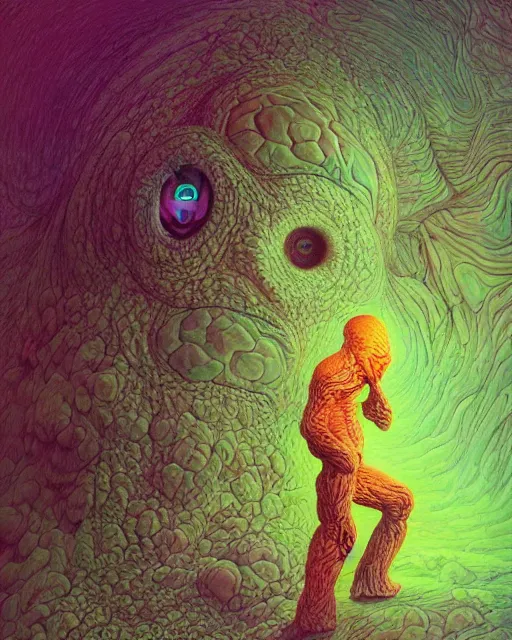 Prompt: a human cell scanned by an electron microscope, by james jean and zdzisław beksinski and ian miller and peter mohrbacher, trending on artstation, vibrant psychedelic synthwave color scheme
