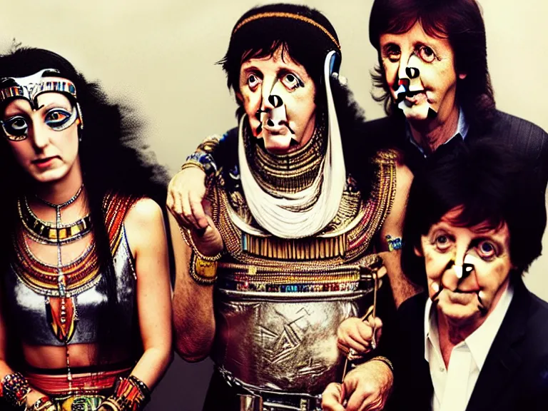 Image similar to a photo of Paul McCartney, Queen Cleopatra, and Conan O’Brian high on meth by Annie Leibovitz