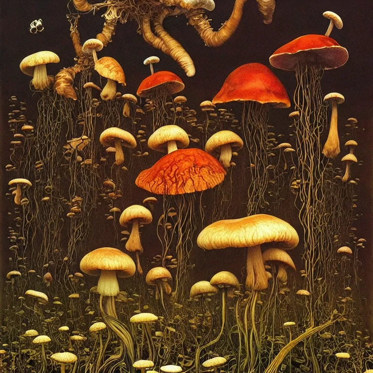 Image similar to Kombucha, tea mushroom, tea fungus, Manchurian mushroom fly in cosmos. Extremely high details, realistic, fantasy art, solo, masterpiece. Art by Zdzisław Beksiński, Arthur Rackham, Dariusz Zawadzki