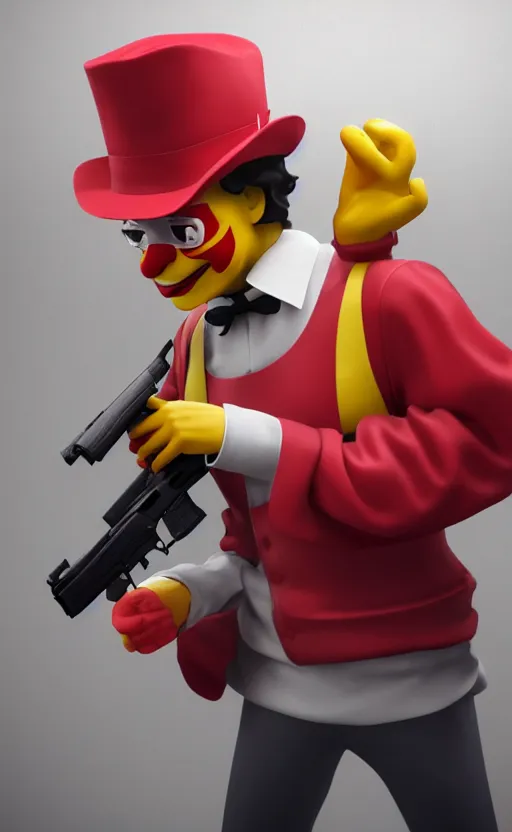 Prompt: ronald mcdonald robbing a bank holding a gun. he has taken hostages. high quality. unreal engine, embers flying, hyper realism, realistic shading, cinematic composition, blender render, octane render, ultrawide shot, photorealistic. hq. hd. 4 k. award winning. trending on artstation