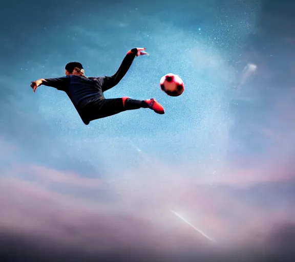 Image similar to a 4 k photorealistic photo of a football flying through the sky