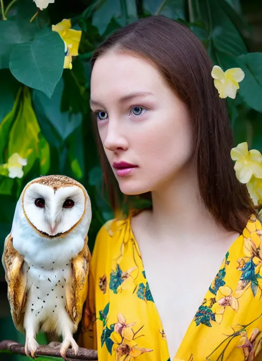 Prompt: portrait photograph of beautiful young female model, symmetric face, symmetric eyes, slight smile, natural light, wearing a yellow kimono with a very detailed barn owl on her shoulder!!! in a tropical greenhouse. looking at the camera!!. super resolution. Extremely detailed. Masterpiece!! .Graflex camera, bokeh.