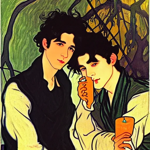 Image similar to painting of young cute handsome beautiful dark medium wavy hair man in his 2 0 s named shadow taehyung and cute handsome beautiful min - jun together at the halloween party, bubbling cauldron, candles, smoke, tarot, autumn colors, elegant, stylized, soft facial features, delicate facial features, art by alphonse mucha, vincent van gogh, egon schiele