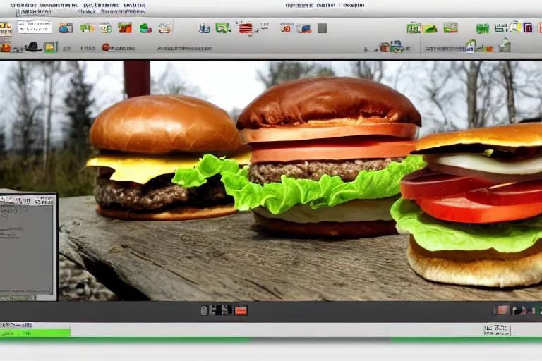 Prompt: hamburger themed gnu / linux desktop environment, linux mint, in 1 9 9 5, y 2 k cybercore, desktop screenshot