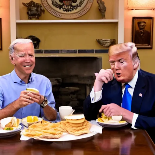 Image similar to photograph of trump and Biden sitting and eating breakfast at a Wafflehouse