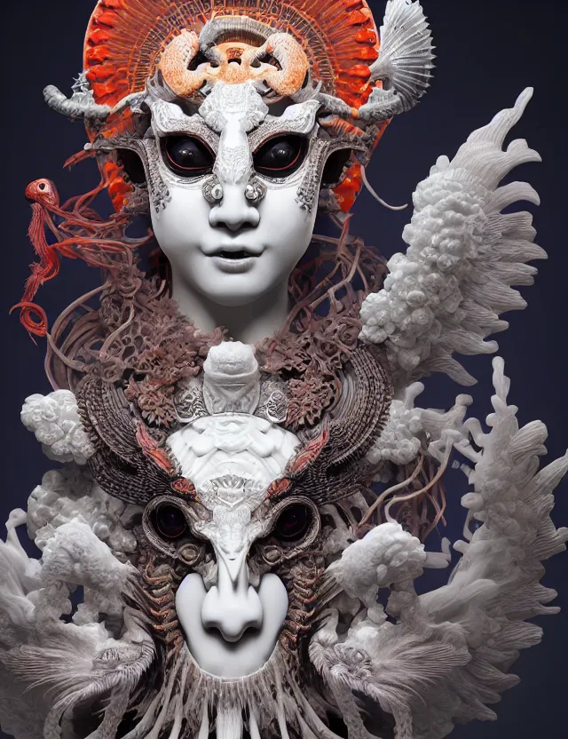 Image similar to 3 d goddess of hell close - up profile portrait with ram skull. beautiful intricately detailed japanese crow kitsune mask and clasical japanese kimono. betta fish, jellyfish phoenix, bio luminescent, plasma, ice, water, wind, creature, artwork by tooth wu and wlop and beeple and greg rutkowski