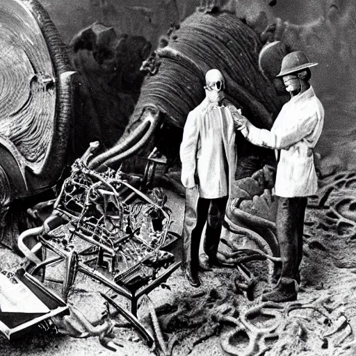 Prompt: scientists discovering an alien wreckage for the first time, 1 9 2 0's sci - fi, black and white, 8 k, highly ornate intricate details, extreme detail,