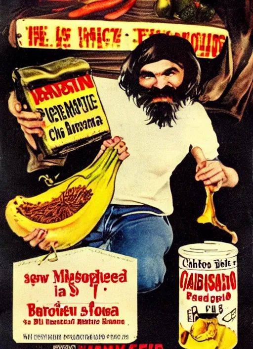 Image similar to vintage home barbecue advertisement depicting charles manson slipping on a banana peel