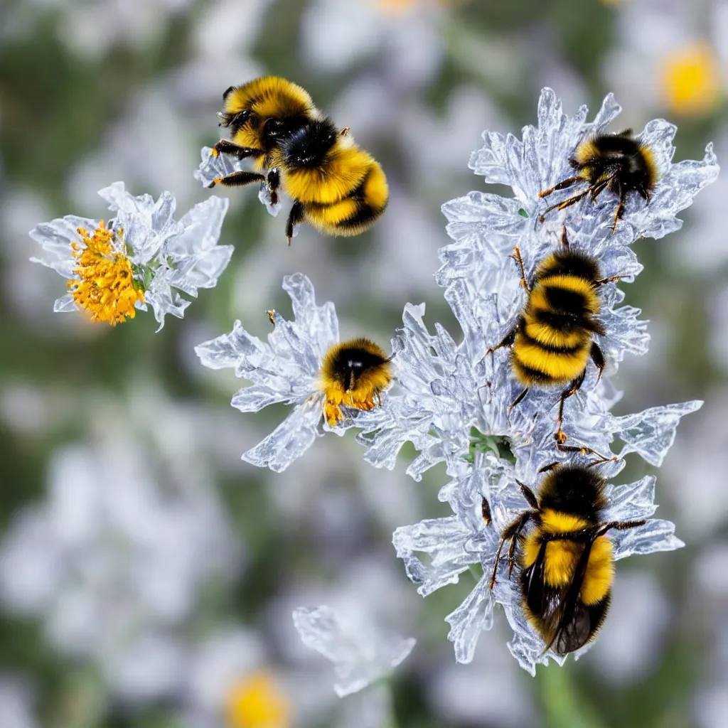 Image similar to a nature photograph macro shot of a bumblebee pollinating a partly frozen flower. snow and ice in the background