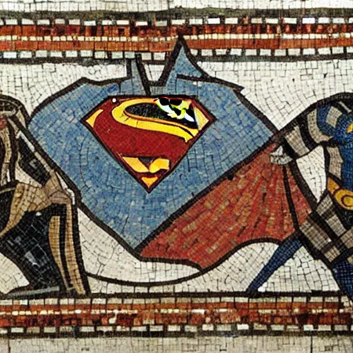 Image similar to beautiful roman mosaic of batman vs superman, rome, 1 0 0 ad