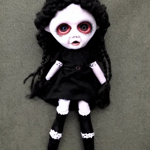 Prompt: creepy doll cursed witchcraft black eyes toy Lovecraftian dark black background doll old shamanic hair satanic