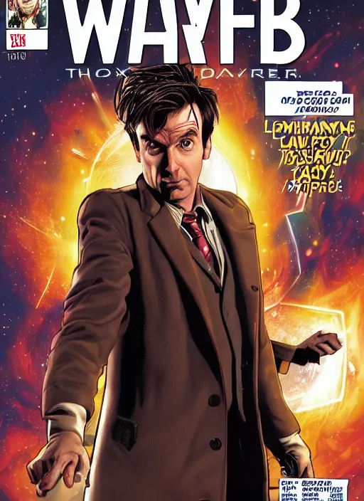 Image similar to A marvel comic book cover of the tenth doctor standing in front of the Tardis, daytime