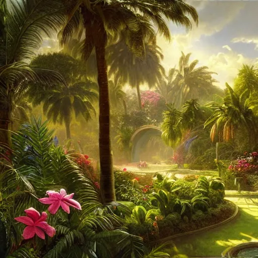 Prompt: a highly detailed matte painting of a garden hedge with tropical flowers, large palm trees, epic fantasy, god rays, ultrawide lens, aerial photography, unreal engine, exquisite detail, 8 k, art by albert bierstadt and alphonse mucha