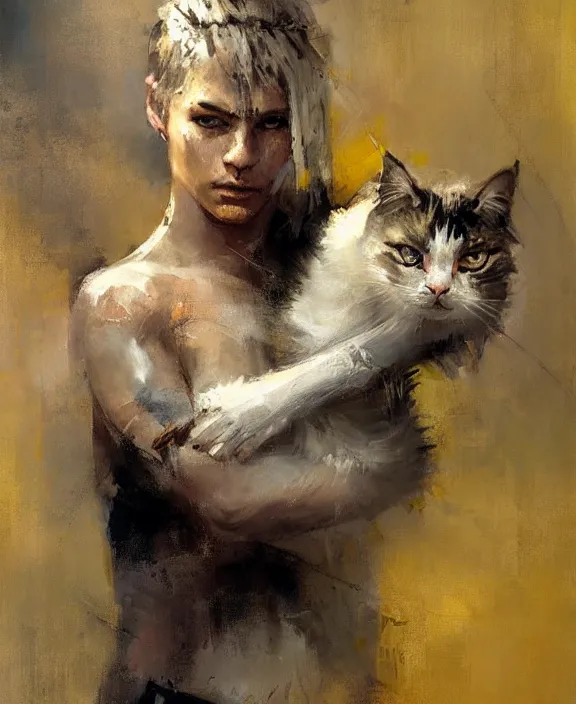 Prompt: blonde greek warrior holding a cat by jeremy mann