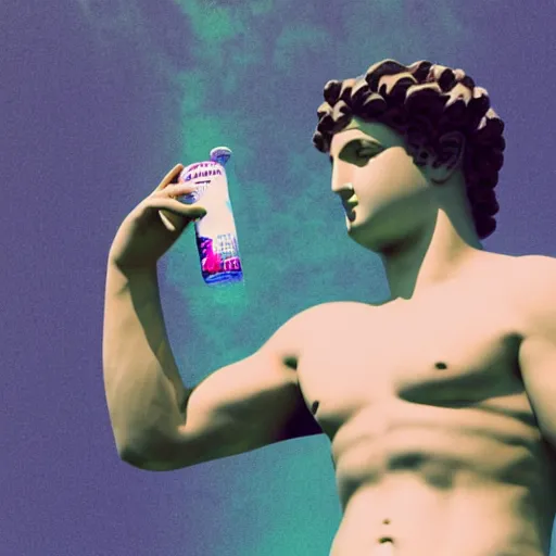 Image similar to a greek statue drinking fiji water, vaporwave background