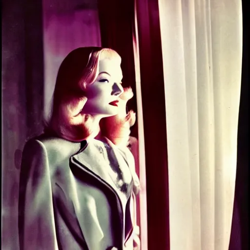 Prompt: Veronica Lake photoshoot, 1960s mod style, dramatic lighting, color film, halo effect