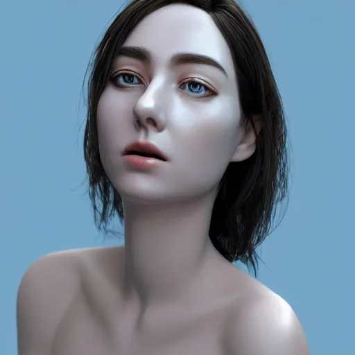 Image similar to 3 d render, hyper detailed, realistic female face and shoulders, white porcelain, fine facial features, white eyes and eyelashes, 8 k, 1 5 0 ml lens, elegant, white background pastel blue lighting, octane render, volumetric lighting - h 7 0 4