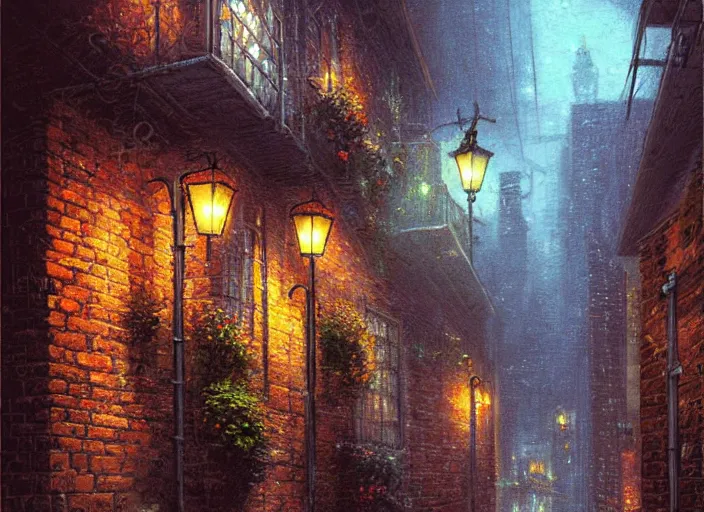 Prompt: an alleyway, detailed illustration by thomas kinkade, cyberpunk, nighttime, streetlight