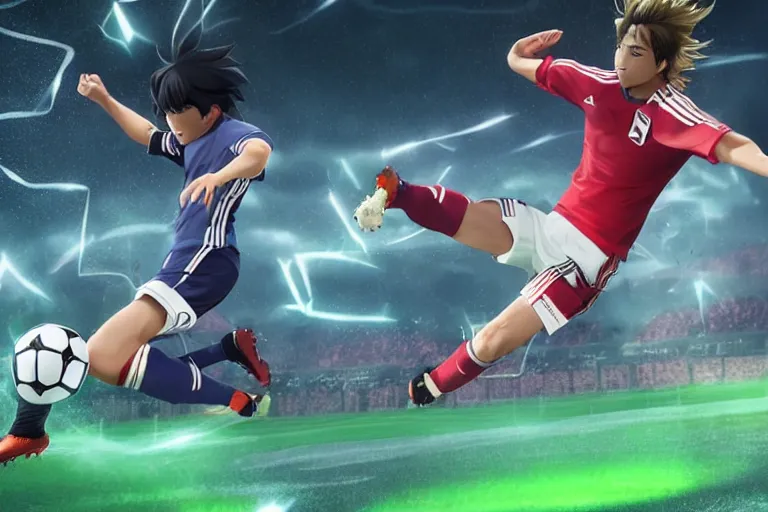 Image similar to anime soccer player scores goal with high kick, hyper realism, octane render