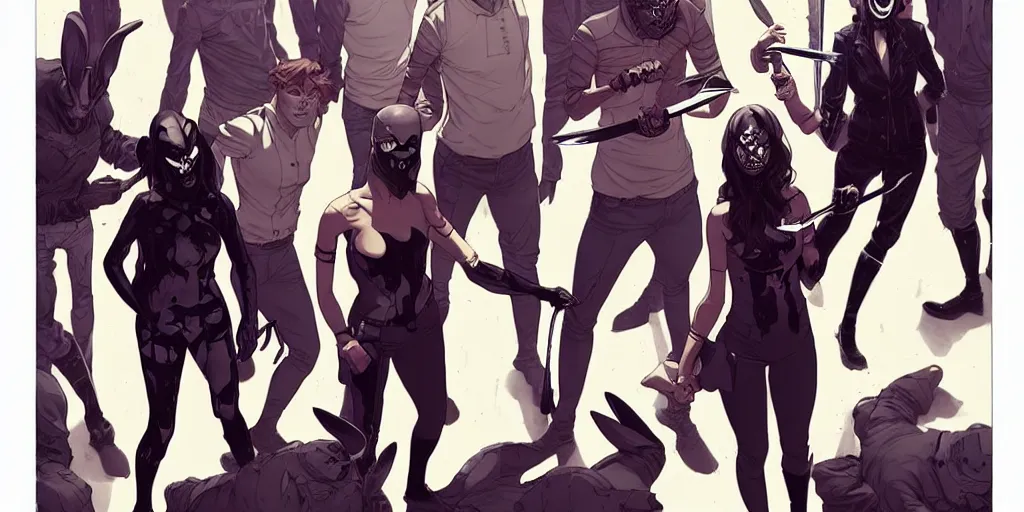 Prompt: style of Jaime McKelvie and Joshua Middleton comic book art, cinematic lighting, realistic, people fighting stabbing shooting each other The Purge blood death fires, bunny mask female villain holding a bloody kitchen knife, standing in an alleyway, full body sarcastic pose, symmetrical, realistic body, knee high socks, night, horror, dark color palette
