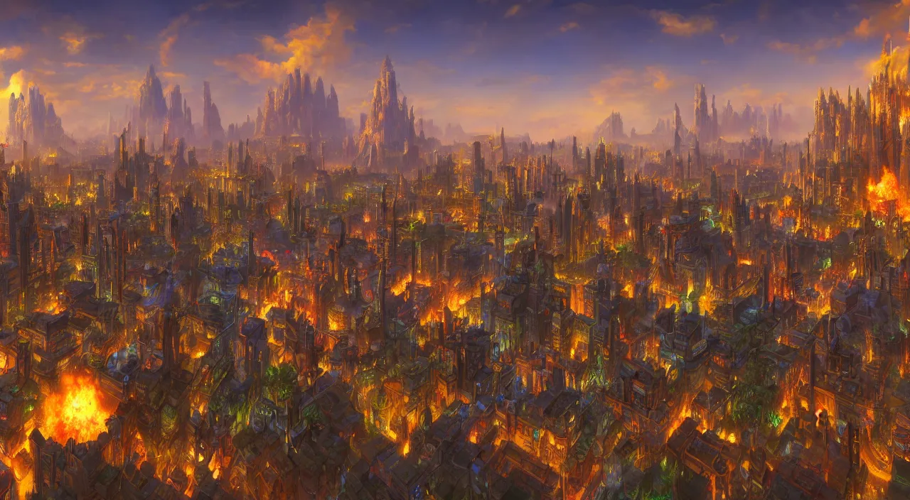 Prompt: Wallpaper of a city in World of Warcraft, award winning, digital art, unreal engine 5, incredible quality, 4k, by Robert McCall and Greg Ludkowski and Jim Burns