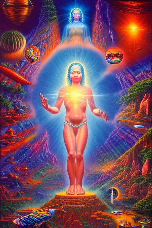 Prompt: a realistic detailed cinematic painting of a beautiful clear glass vibrant consciousness of human evolution, spiritual enlightenment, opal statues, by david a. hardy, kinkade, lisa frank, wpa, public works mural, socialist