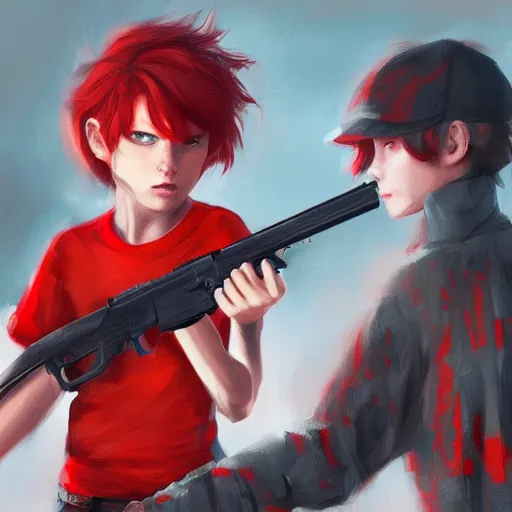 Image similar to a concept art of a boy and a girl with red hair holding a gun, highly detailed, digital painting, artstation, concept art, smooth, sharp focus, illustration