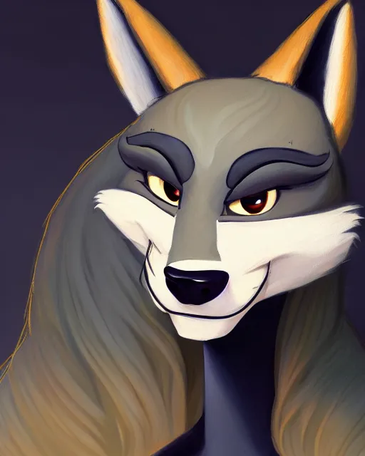 Image similar to beautiful oil painting of anthromorphic female wolf, in style of zootopia, zootopia, zootopia, fursona, furry, furaffinity, 4 k, deviantart, furry art, fursona art, wearing black business suit, business suit, in style of zootopia, wolf fursona, cyberpunk, female, expressive detailed feminine face,