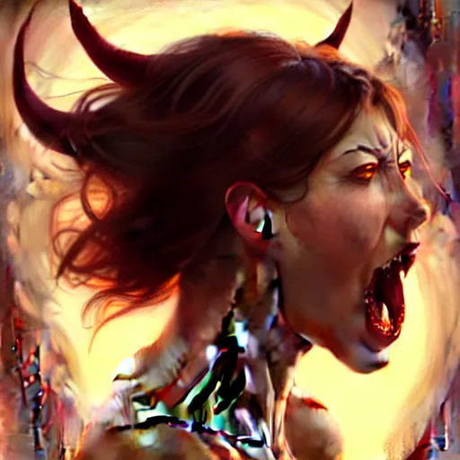 Prompt: face portrait of angry female demon screaming, realistic, high qulity, 4 k, sharp fucos, tranding on art station, illustration, art by artgerm and greg rutkowski and alphonse mucha