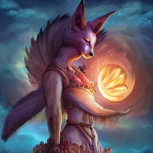 Image similar to a painted avatar portrait of an awesome powerful humanoid kitsune fox mage themed around life and death, in the style of dnd beyond avatar portraits, beautiful, artistic, elegant, lens flare, magical, lens flare, nature, realism, stylized