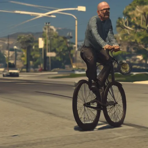 Image similar to walter white riding on a bike in gta 5 by greg rutkowski