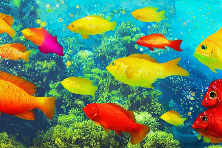 Prompt: ultra realistic underwater photography, panoramic picture of a river with ( subject : a very big exotic brightly coloured fish ). lots of bubbles. wavy, scattered light entering from the water surface, artstation, 8 k