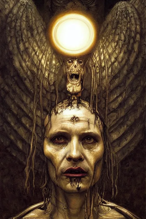 Image similar to a painting of a portrait of the high pontifex of pain with a halo on his head, golden halo, a detailed painting by santiago caruso, official art by greg rutkowski, a character portrait by seb mckinnon,, gothic art, apocalypse art, antichrist, grotesque, elder, skin, gouache, sinew, artstation