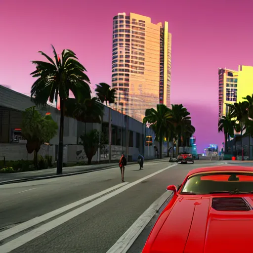 Image similar to still next - gen ps 5 game grand theft auto v 2 0 2 4 remaster, graphics mods, rain, red sunset, people, rtx reflections, gta v, miami, palms and miami buildings, screenshot, unreal engine, 4 k, 5 0 mm bokeh, close - up dodge challenger, gta vice city remastered, artstation