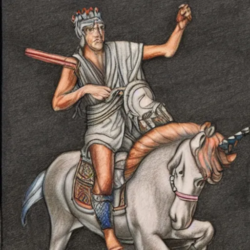 Image similar to A drawing of Julius Caesar riding a unicorn, colored pencil art,