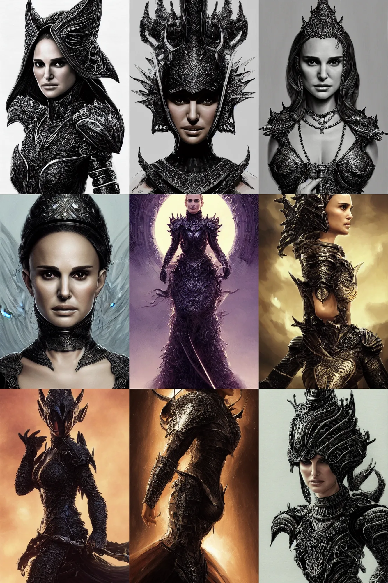 Prompt: professional portrait drawing, beautiful natalie portman in black dragon armor, intricate, epic lighting, cinematic composition, hyper realistic, 8k resolution, unreal engine 5, by Artgerm, tooth wu, dan mumford, beeple, wlop, rossdraws, James Jean, Andrei Riabovitchev, Marc Simonetti, yoshitaka Amano, Artstation