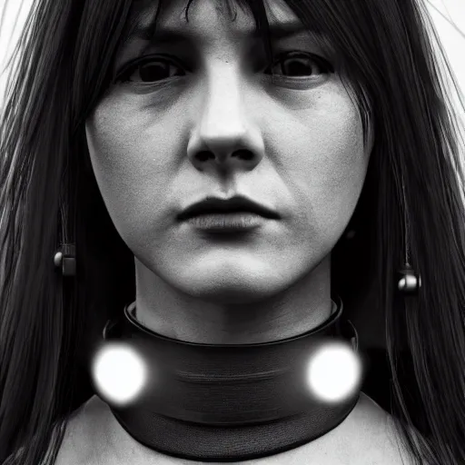 Image similar to detailed realistic female character cyberpunk wearing thick steel collar around neck, realistic, art, beautiful, 4K, collar, choker, collar around neck, punk, artstation, detailed, female, woman, choker, cyberpunk, neon, punk, collar, choker, collar around neck, thick collar, choker around neck, wearing choker, wearing collar,