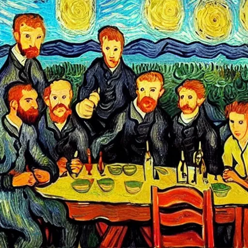 Image similar to a group of friends having lunch, van Gogh style