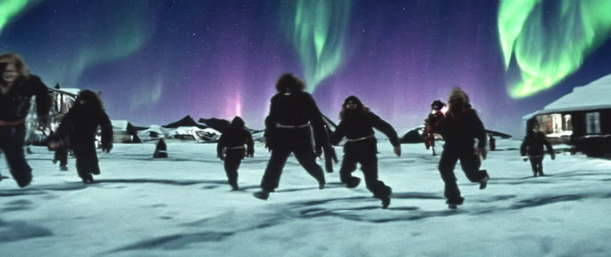 Image similar to filmic extreme wide shot movie still 4 k uhd exterior shot 3 5 mm film color photograph of a people running in terror around a village in the antarctic at night with the northern lights lighting up the sky and the buildings, in the style of the horror film the thing 1 9 8 2