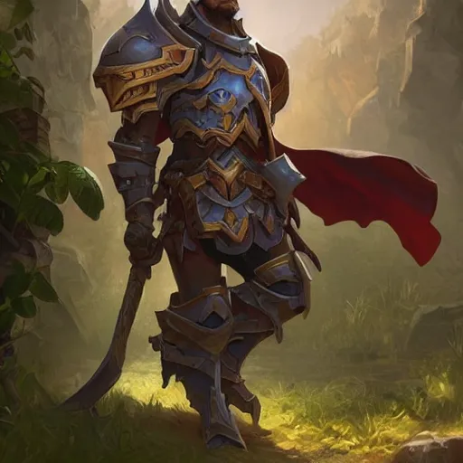 Prompt: a male paladin go growing twice in size, ruins landscape, d & d, fantasy, intricate, highly detailed, digital painting, artstation, octane render, concept art, matte, sharp focus, illustration, hearthstone, art by artgerm and greg rutkowski and alphonse mucha
