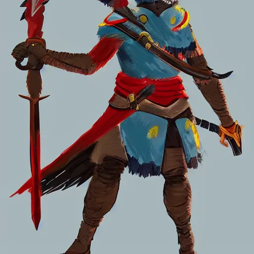 Prompt: avian leader in a army combat uniform created entirely of feathers holding a rapier with a bright red beak medieval theme rito breath of the wild, concept art, artistic