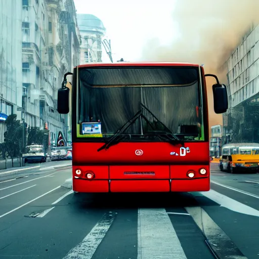 Image similar to autobus on fire with lcd screen saying 5 1 2 photorealistic. rule of thirds.