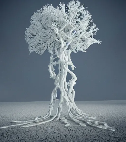 Image similar to surreal white tree made of anacondas, futuristic in the desert, foggy sky, dark night, octane render, unreal engine, pale colors, high detail, 8 k, wide angle, trending on artstation, behance