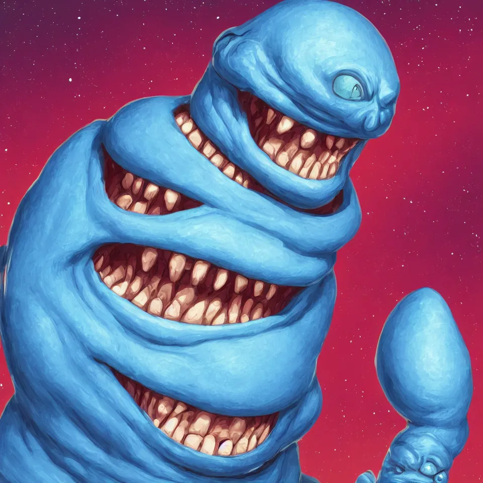 Image similar to portrait of a fat alien with blue skin. big smile. friendly alien. concept art. science fiction illustration. detailed face, beautiful colour palette. digital painting.