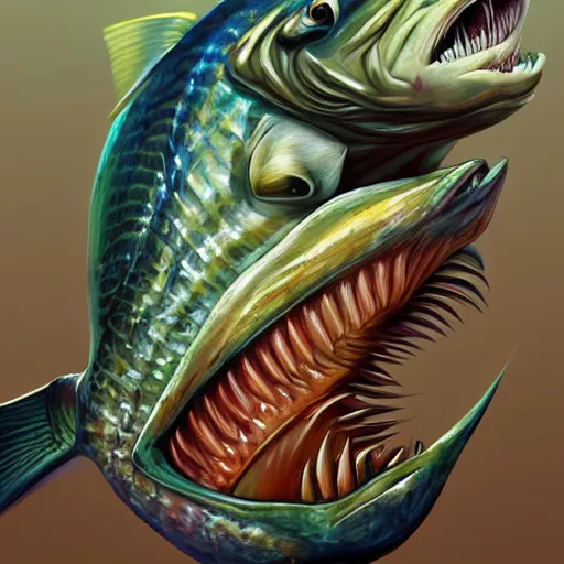 Prompt: an ugly fish eating an ugly fish, illustration, ultra detailed, in the style of artgerm, trending on artstation