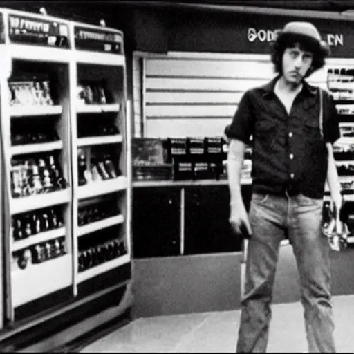 Image similar to bob dylan pointing a gun at a convenience store cashier, security camera footage