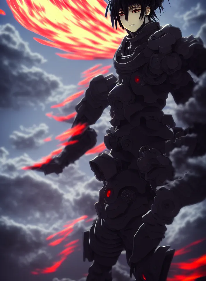 Image similar to a detailed manga illustration character full body portrait of a dark haired cyborg anime man surrounded by clouds of dark smoke and fire, trending on artstation, digital art, 4 k resolution, detailed, high quality, sharp focus, hq artwork, insane detail, concept art, character concept, character illustration, full body illustration, perfect anatomy, cinematic, dramatic lighting